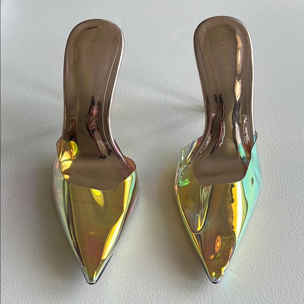 Good American Gold Pointed Toe Heels